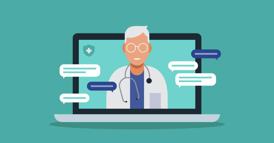 Illustration Of A Doctor Appearing On A Laptop Screen During A Virtual Medical Consultation, With Chat Bubbles Surrounding The Screen